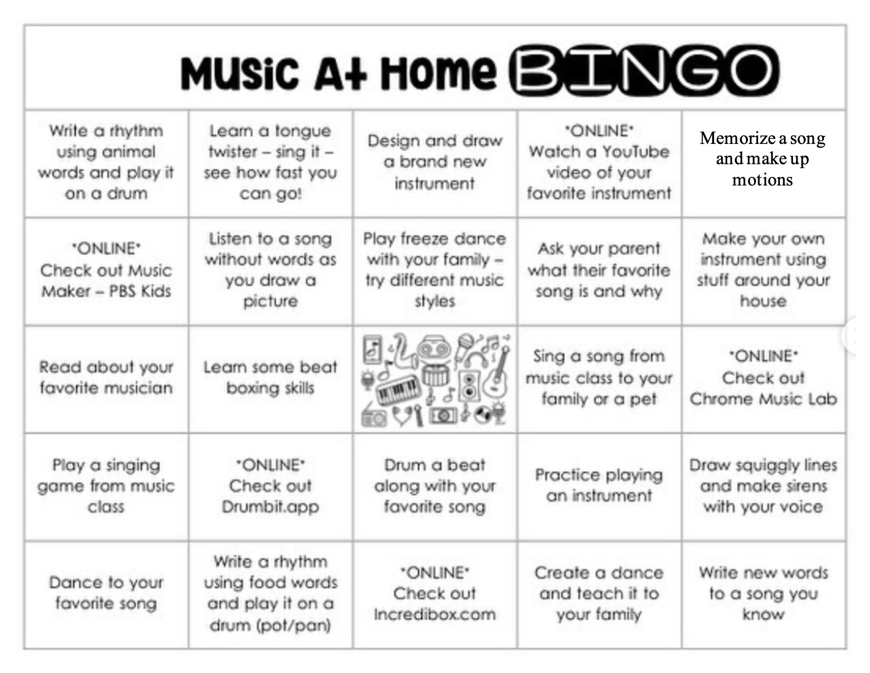 music class bingo